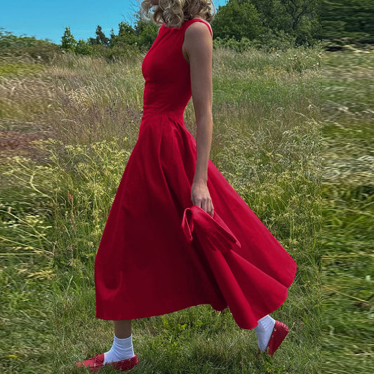 Women's Fashion Temperament Pure Color Sleeveless Waist Slim Dresses