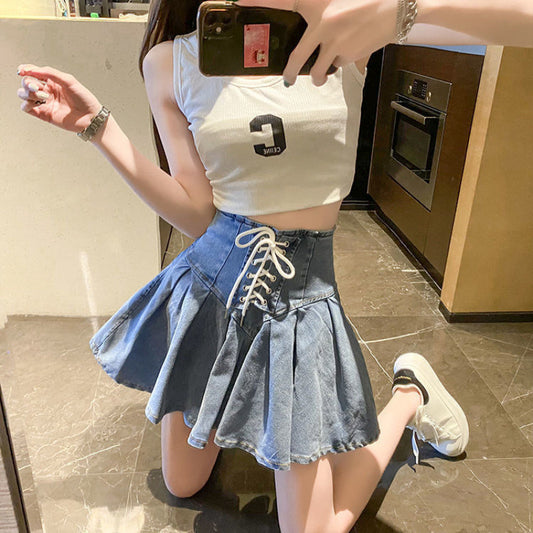 Pleated Denim A- Line Summer Small Skirts