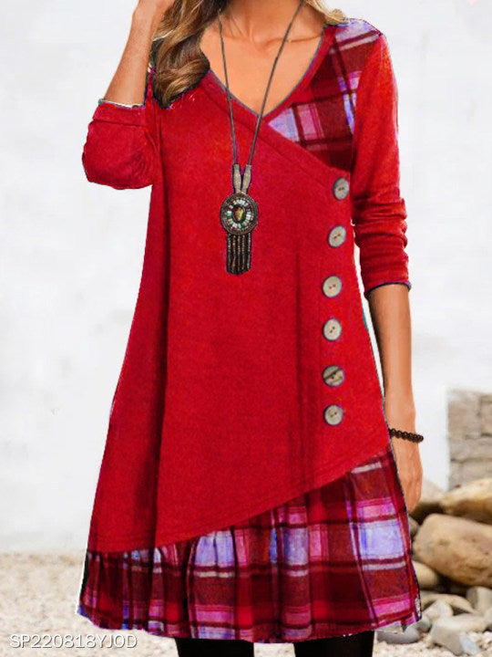 Autumn Stitching Decorative Buckle Long Sleeve Plaid Dresses