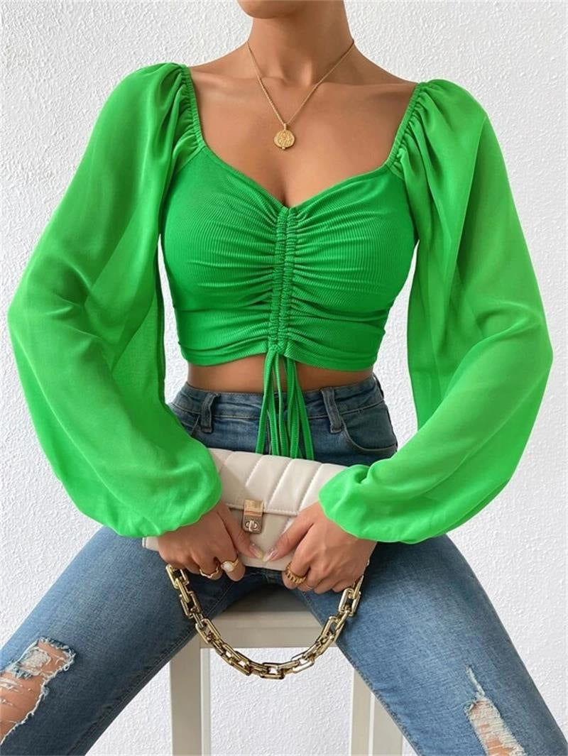 Women's Sexy Stitching Chiffon Drawstring Lantern Sleeve Tops