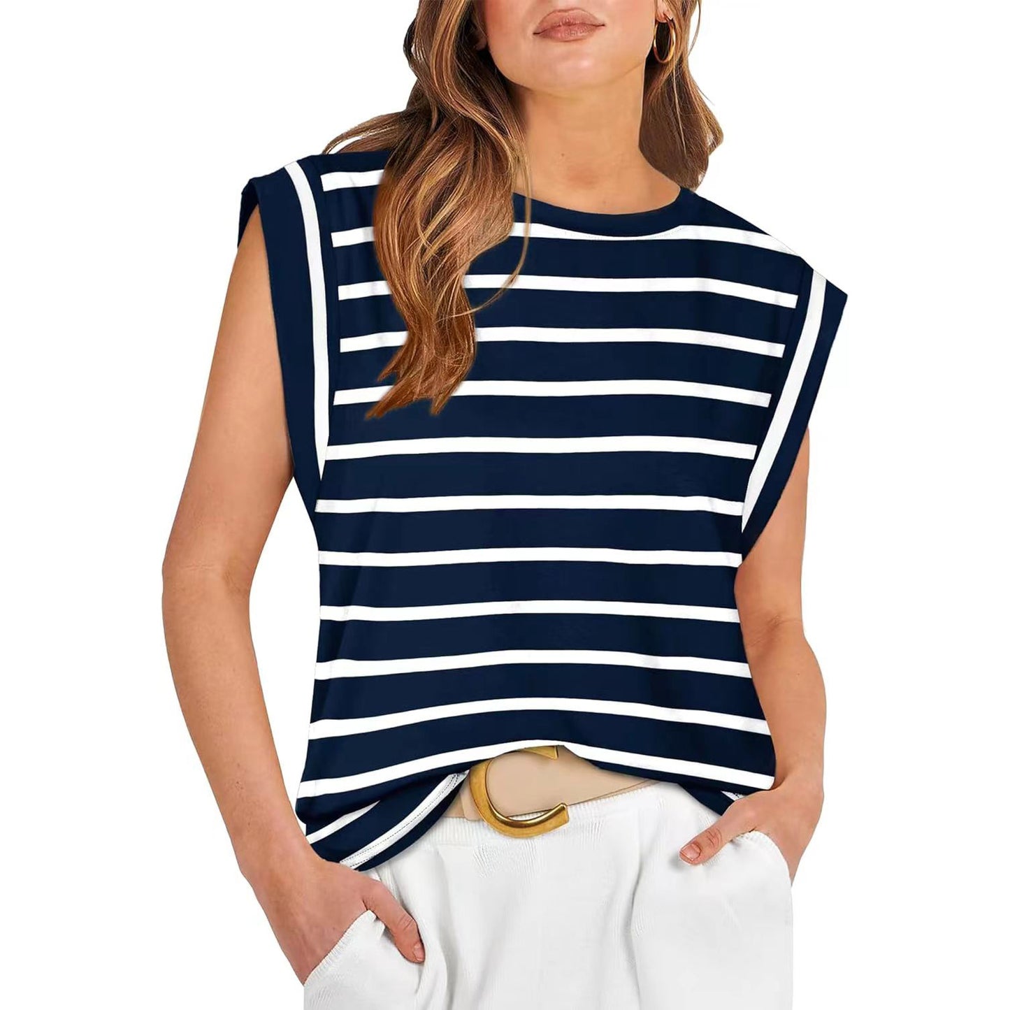 Women's Round Neck Loose Sleeves T-shirt Striped Blouses