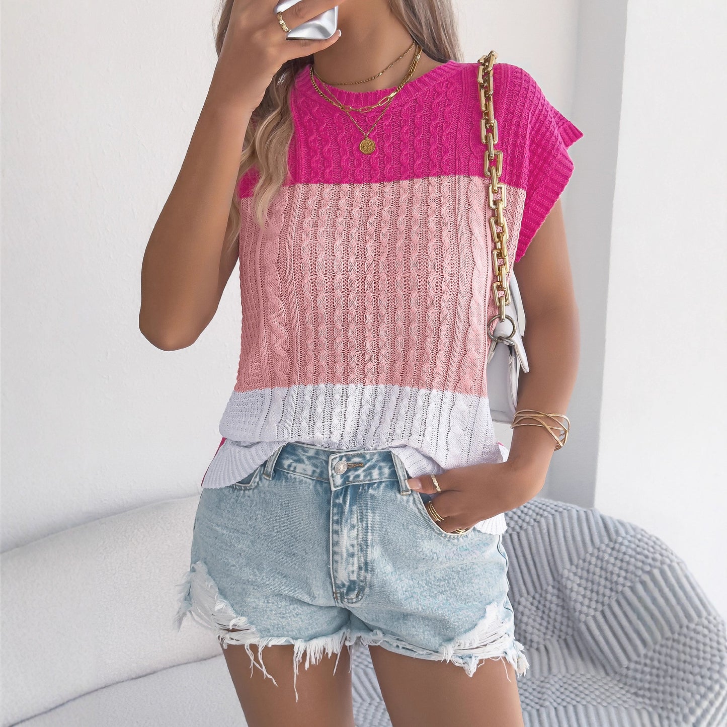 Women's Color Matching Twist Casual Loose Batwing Sleeve Women's Sweater