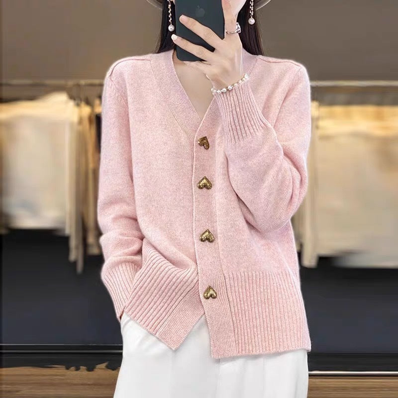 Women's Solid Color Simple Heart Buckle Outer Wear Sweaters