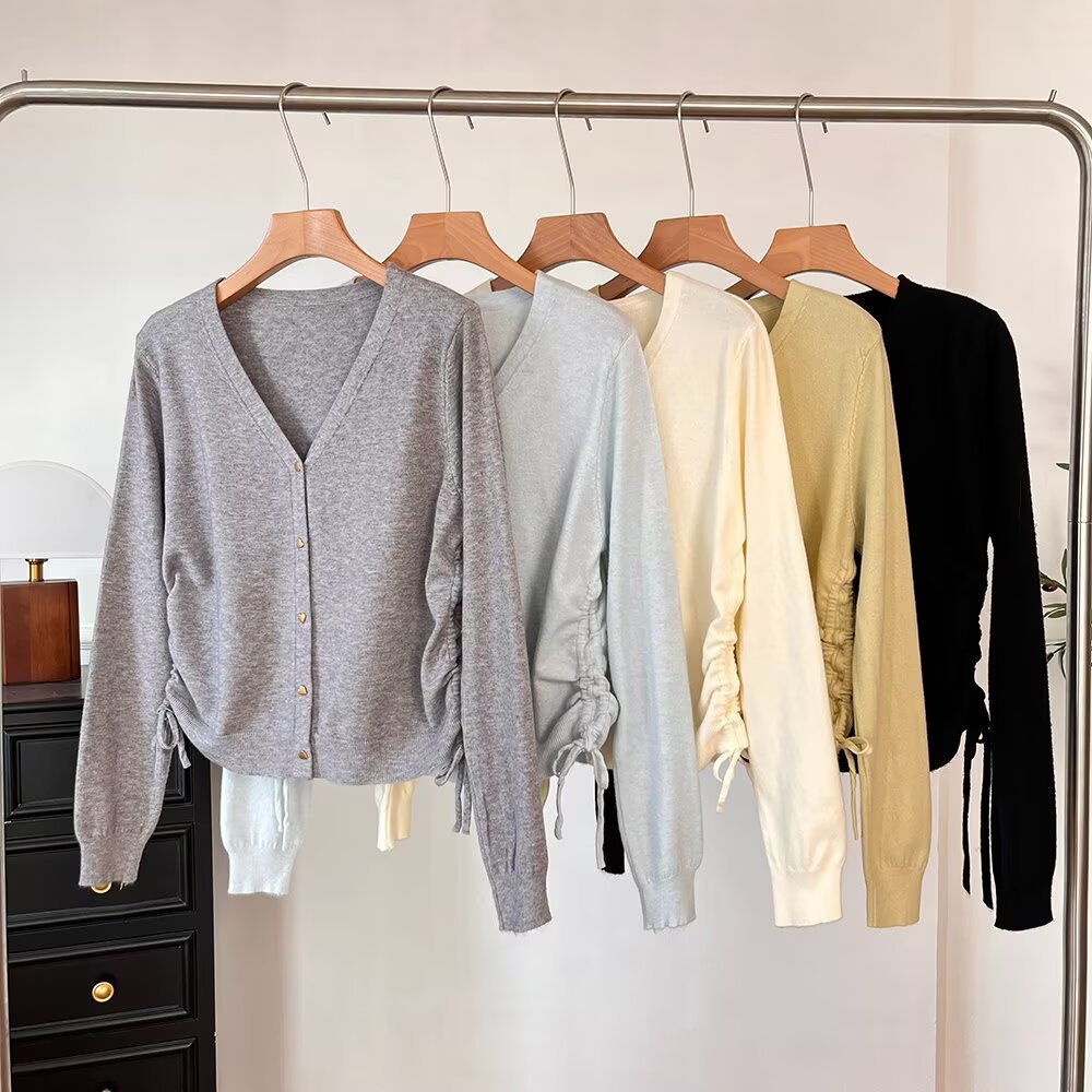 Women's Spring Solid Color Design Drawstring Long-sleeved Women's Sweater