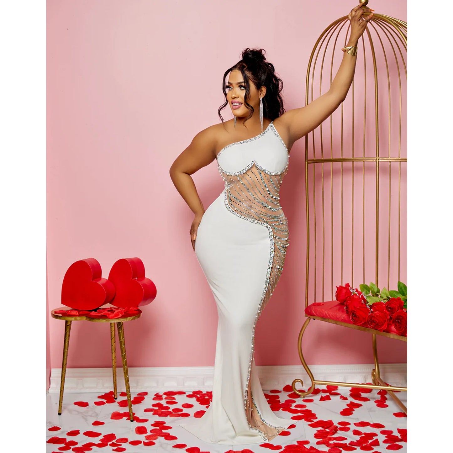 Women's Summer Sexy Mesh Rhinestone Strap Length Dresses