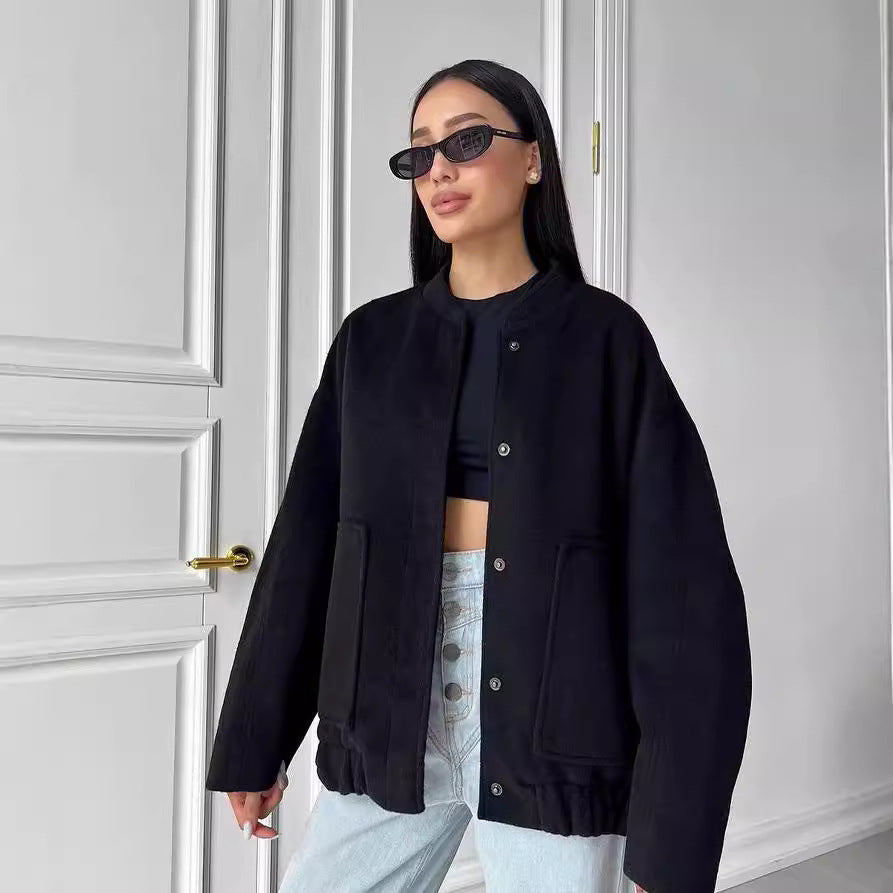 Women's Casual Stand Collar Large Pocket Solid Coats