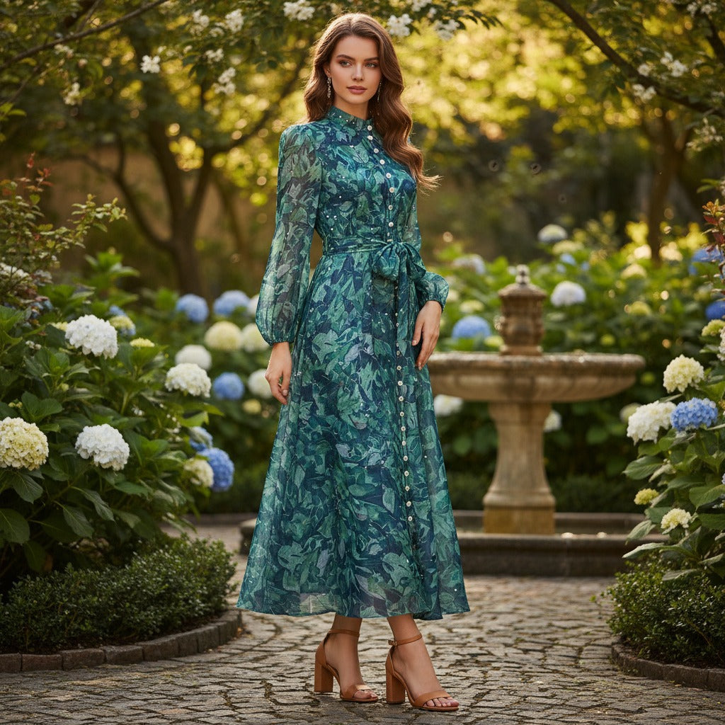 Silk Linen Starry Rhinestone Breasted Umbrella Dresses