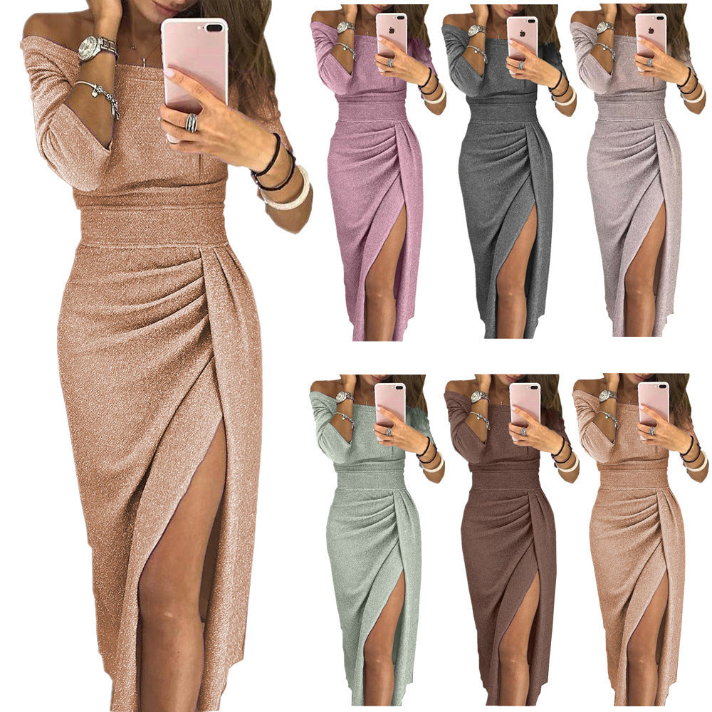 New Women's Sheath Slit Shiny Dinner Dress