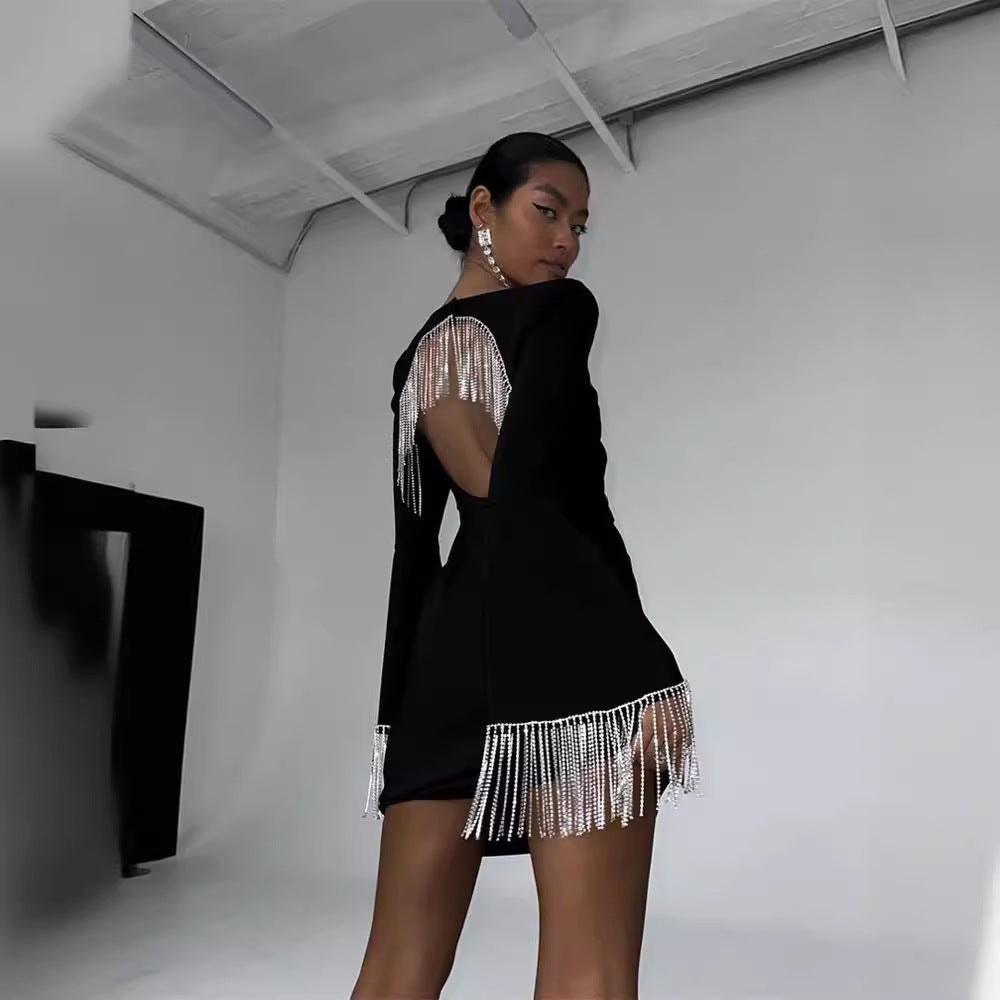 Fashion Back Hollow Bell Sleeve Black Dress