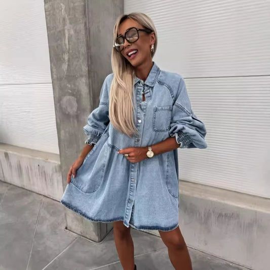 Women's Russian Shirt Button Denim Long Sleeve Dresses