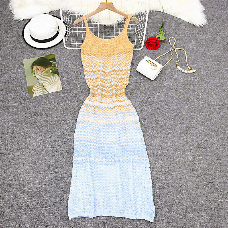 Women's Gradient Striped Knitted Slimming Blue Suspender Dress