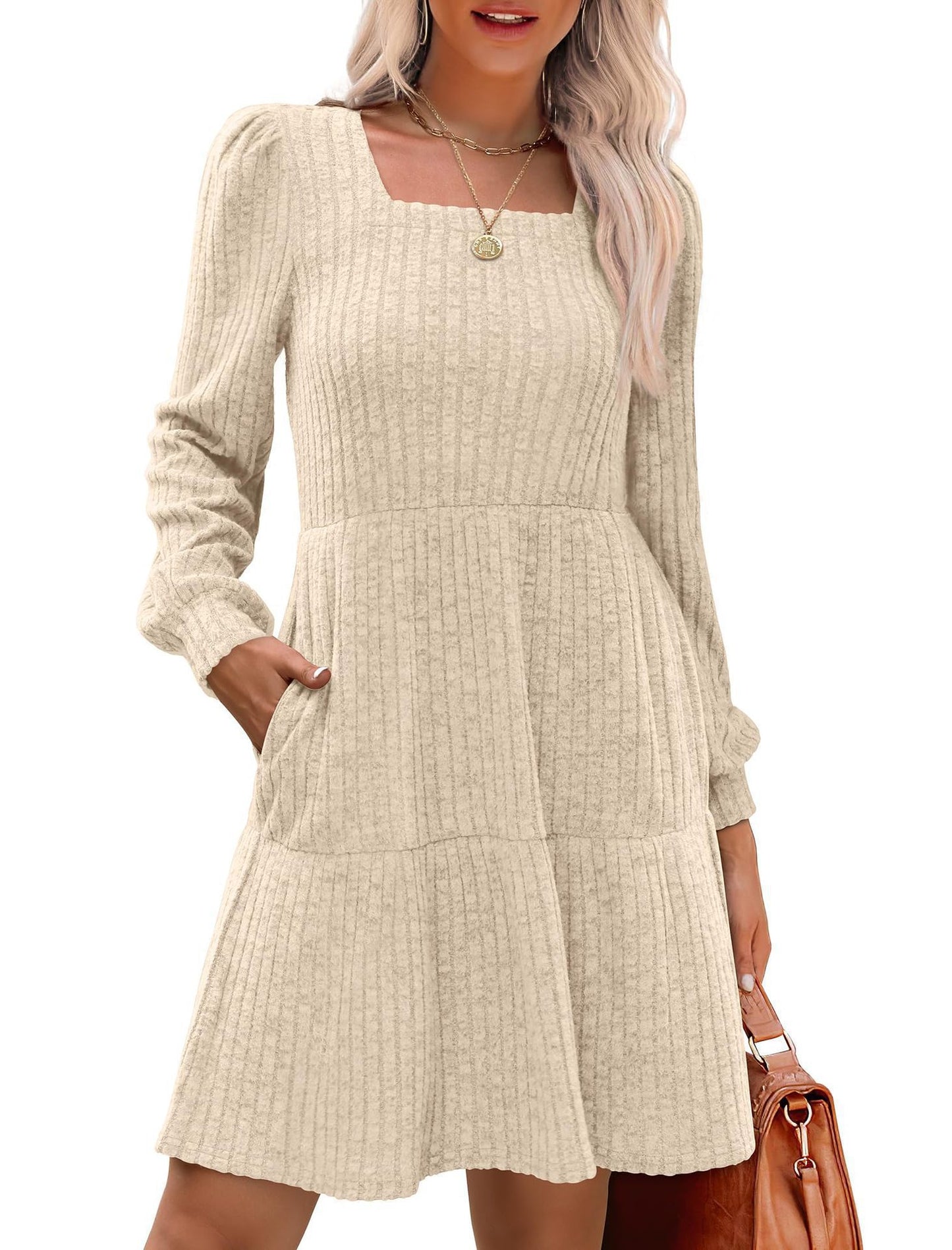 Square Collar Sunken Stripe Knitted Pocket Skirts