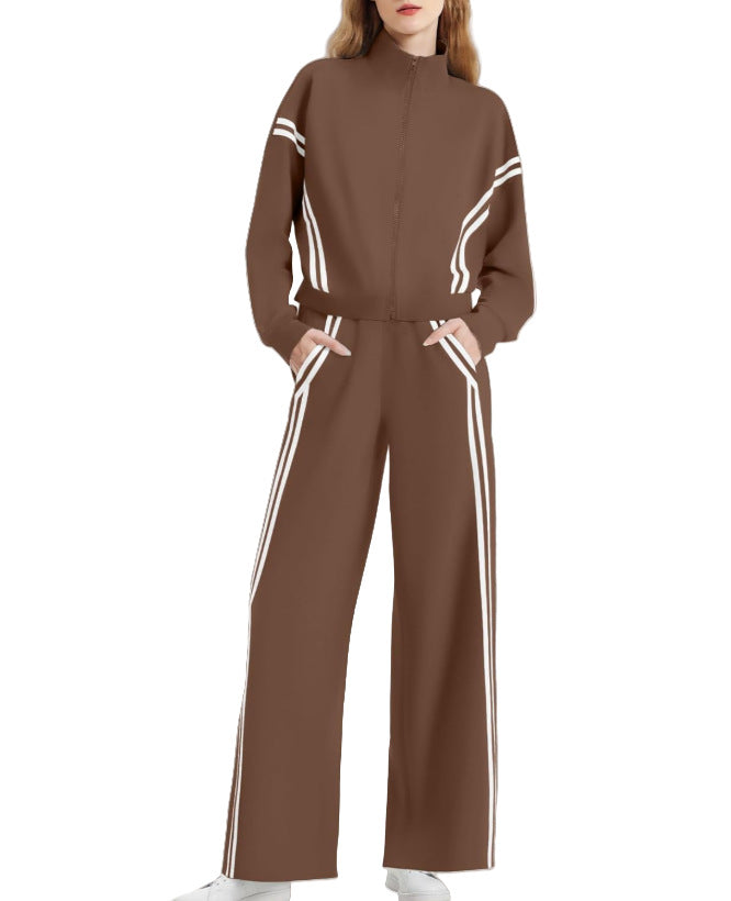 Wear Zipper Sports Contrast Color Striped Wide Leg Jogger Travel Fashion Casual Suit