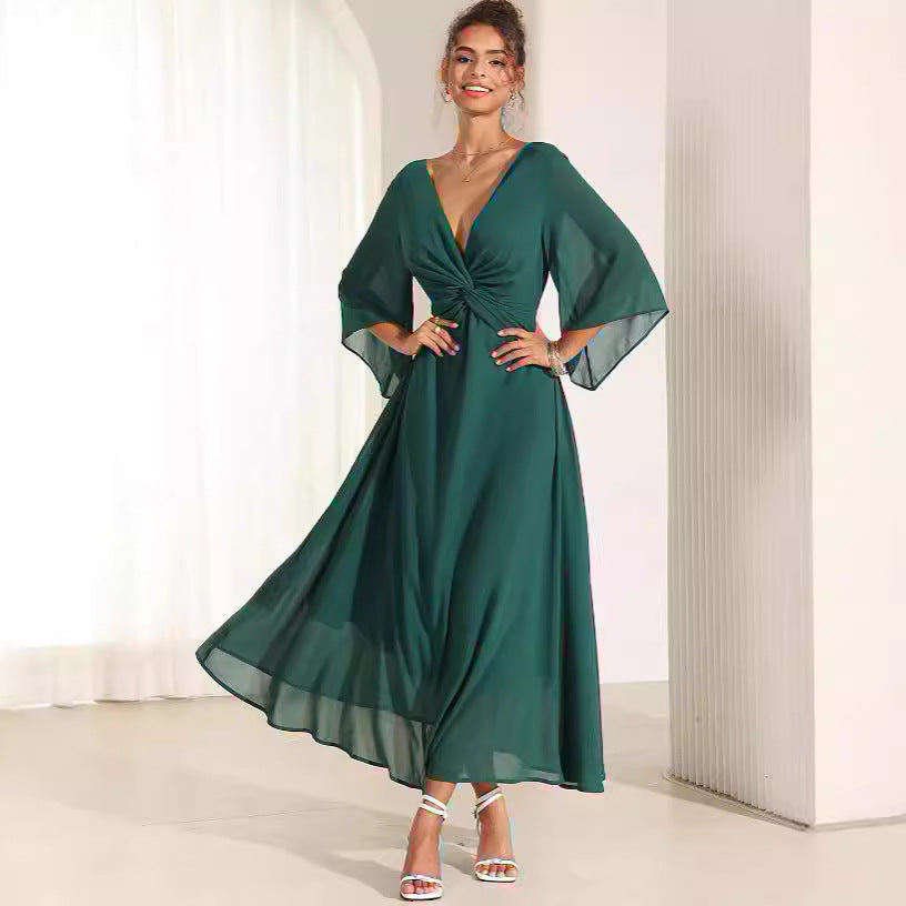 Solid Color Collar Bell Sleeve Maxi Party Dress