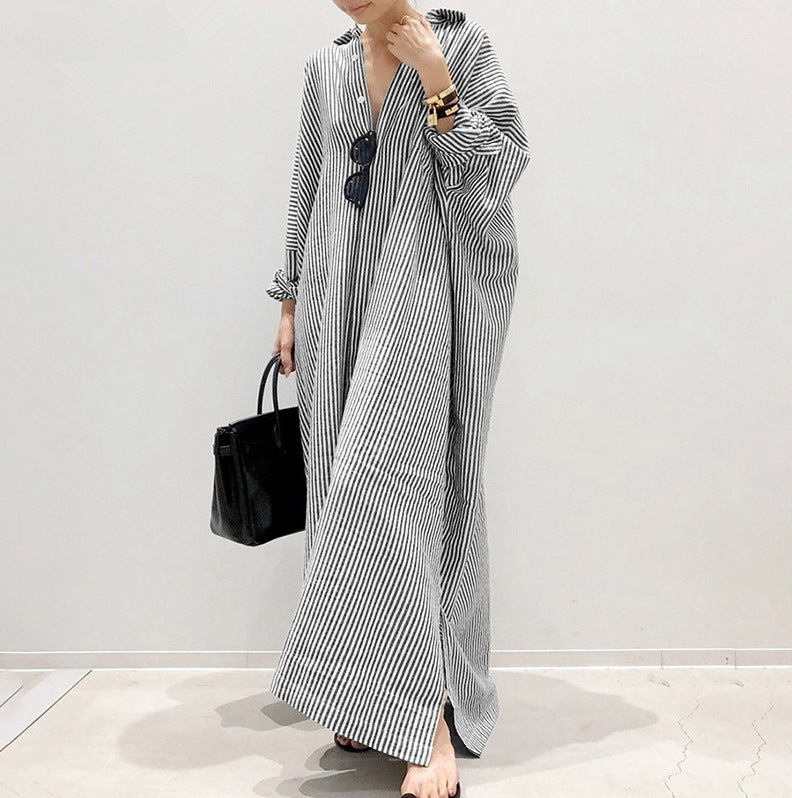 Cotton Linen Stripes Loose Temperament Commuting Dress