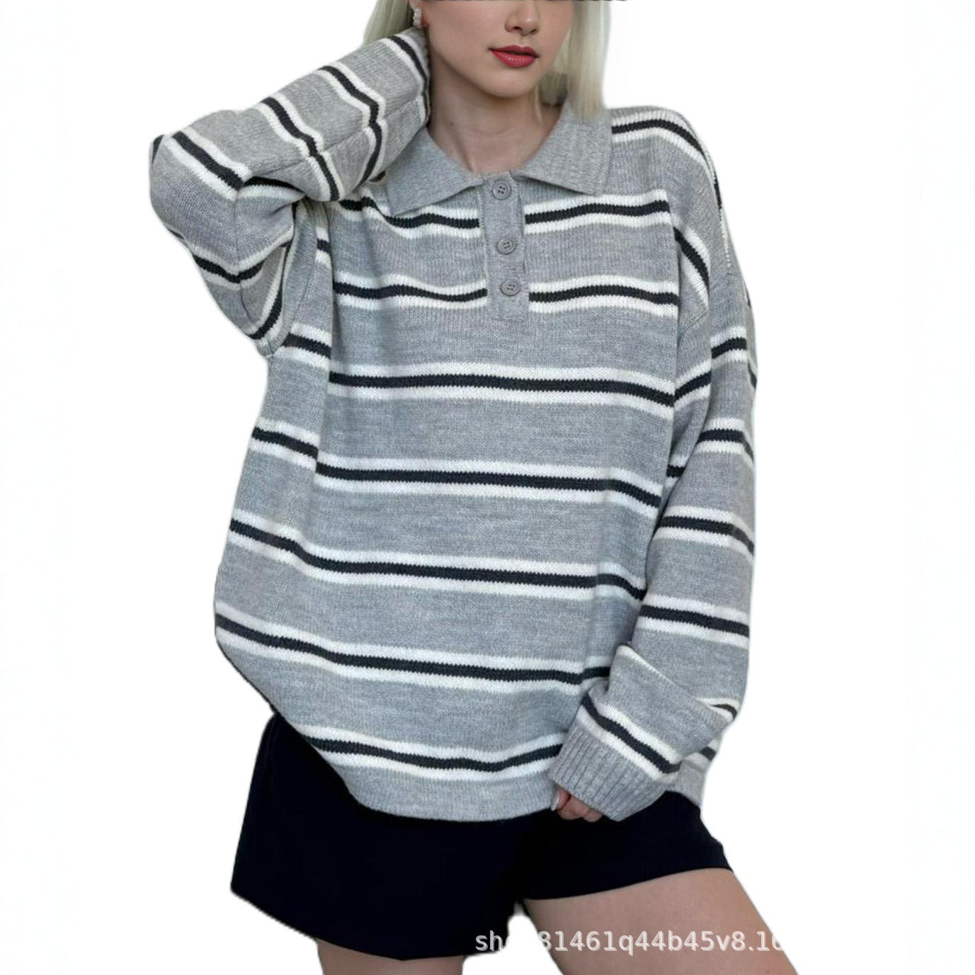 Women's Vintage Stripe Collar Loose Idle Henry Sweater