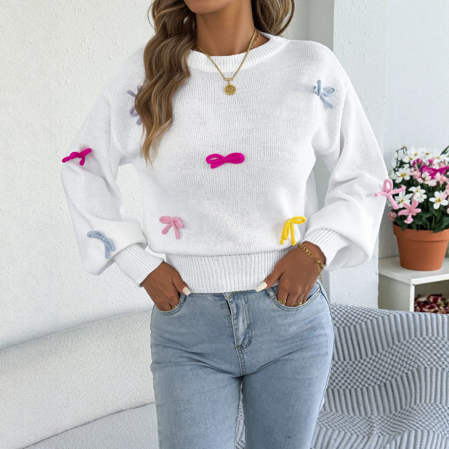 Women's Fashionable Color Bow Lantern Sleeve Fitted Sweater