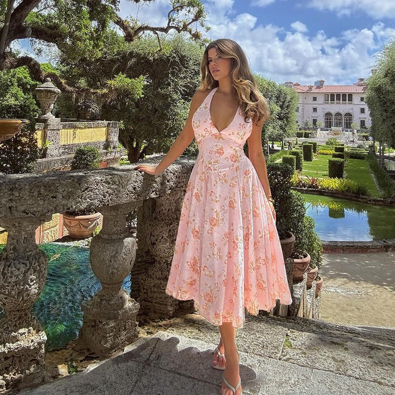 Women's Floral Print Halter A- Line Dress French Dresses