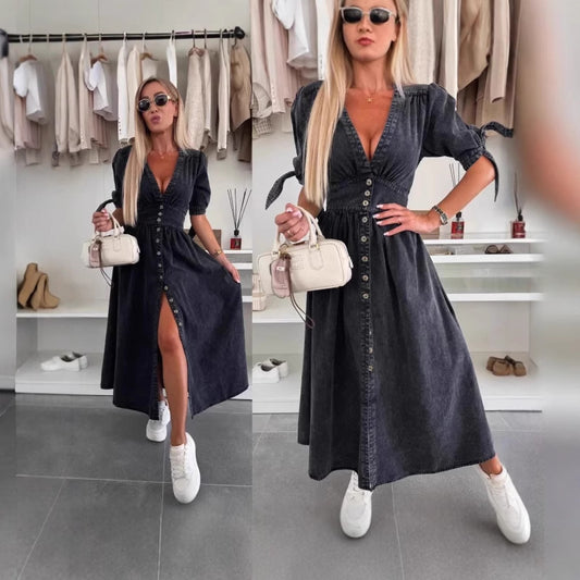 Women's Fashion Long Collar Sleeve Loose Denim Button Dresses