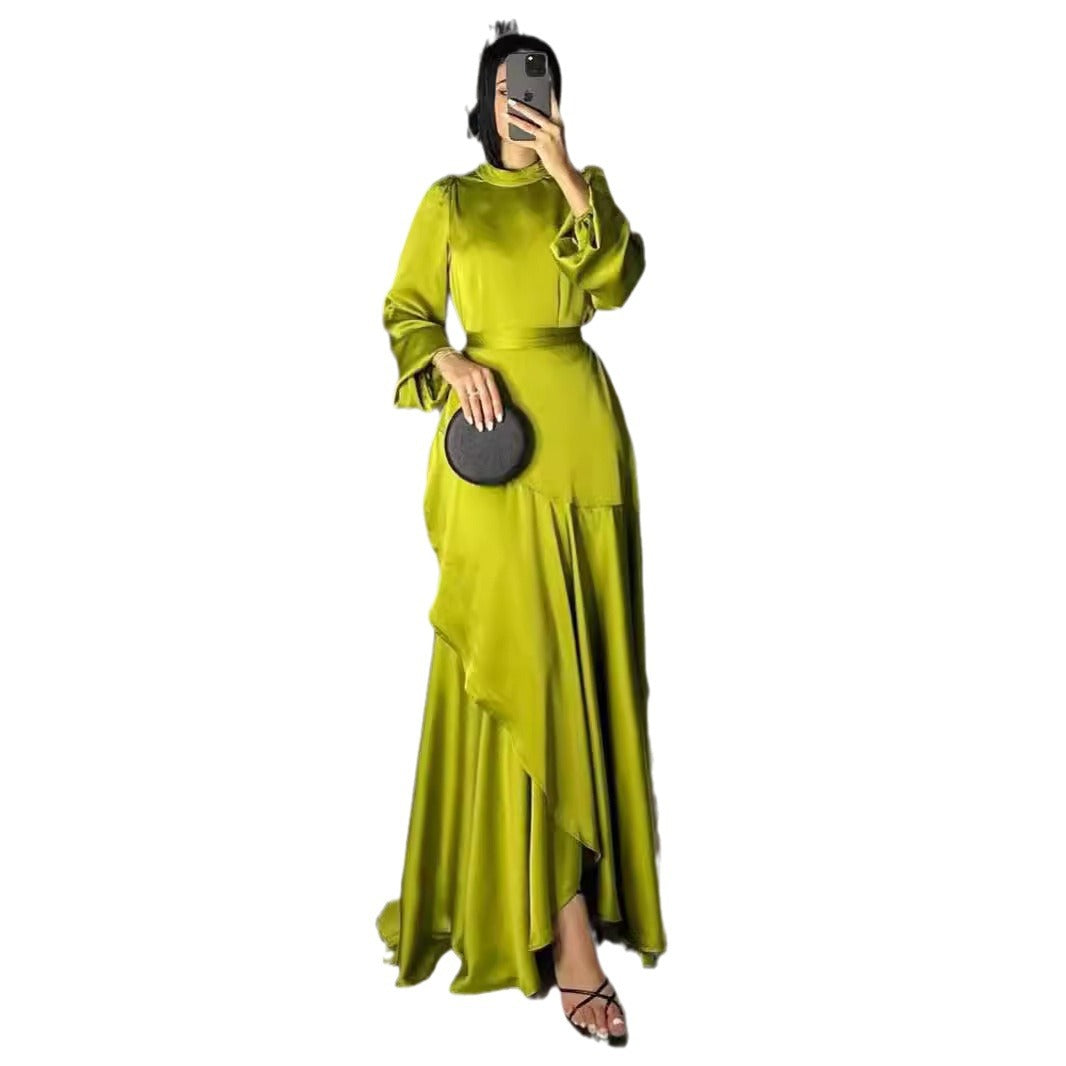 Women's Wear Satin Pure Color Ruffles Large Dresses