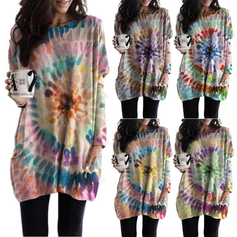 Women's Printed Spiral Batwing Sleeve Sweatshirt Dress