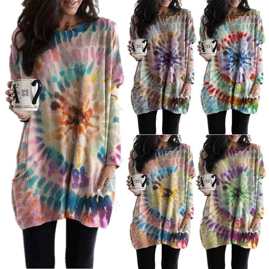 Women's Printed Spiral Batwing Sleeve Sweatshirt Dress