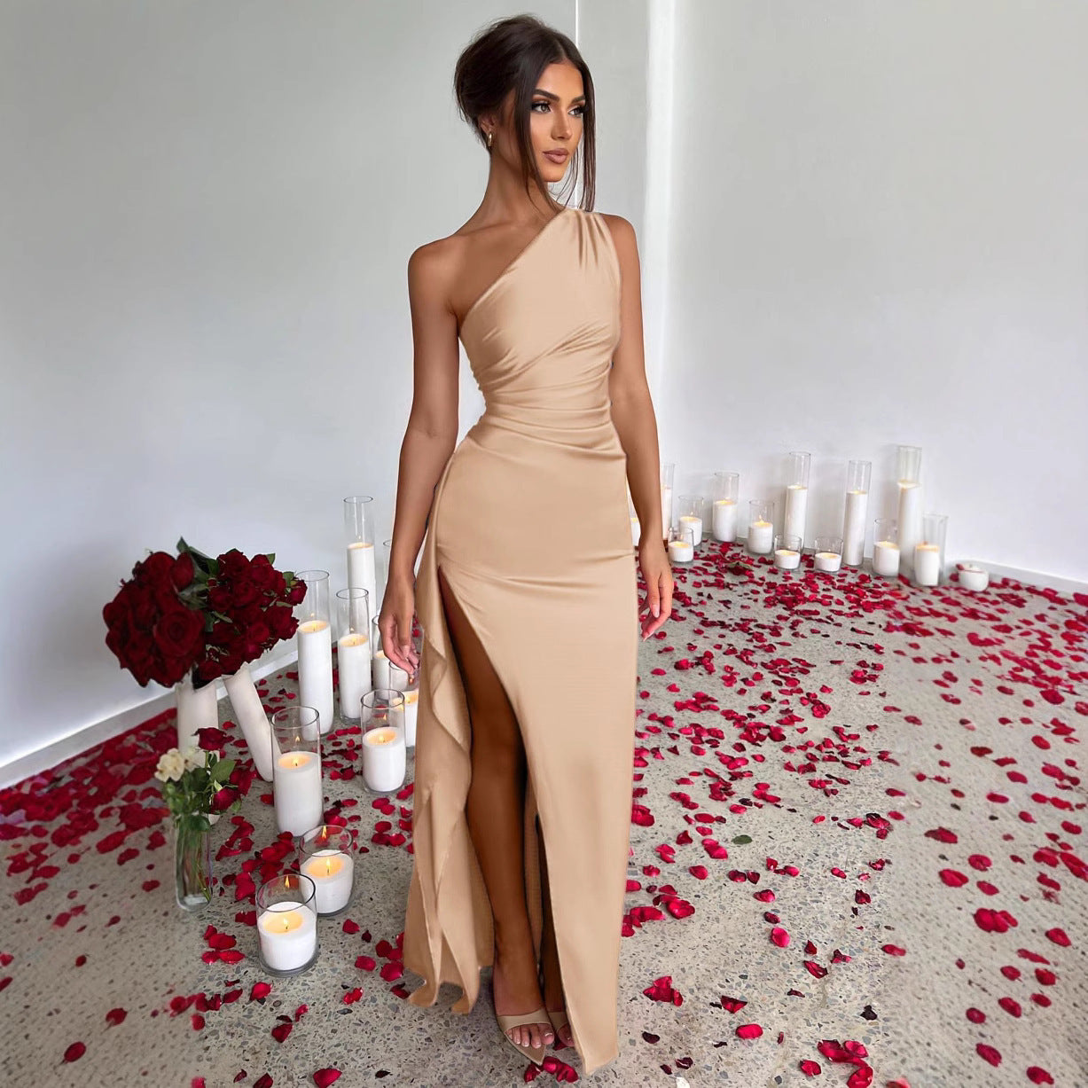Women's Sleeveless Sling Pile Collar Bridesmaid Backless Slim Dress