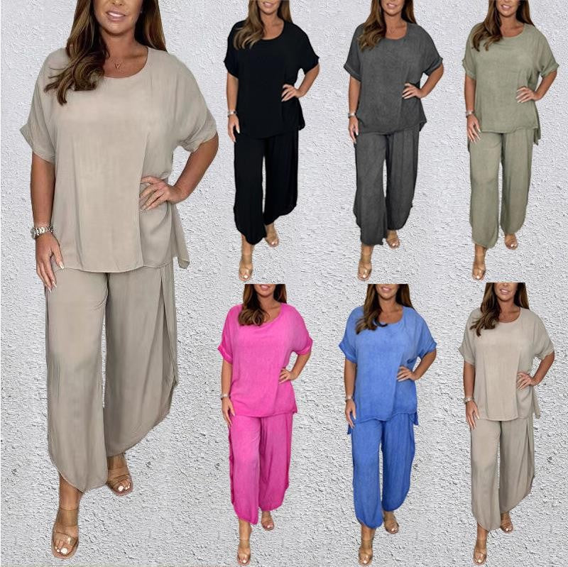 Solid Color Split Side Wide Leg Fashion Casual Suit