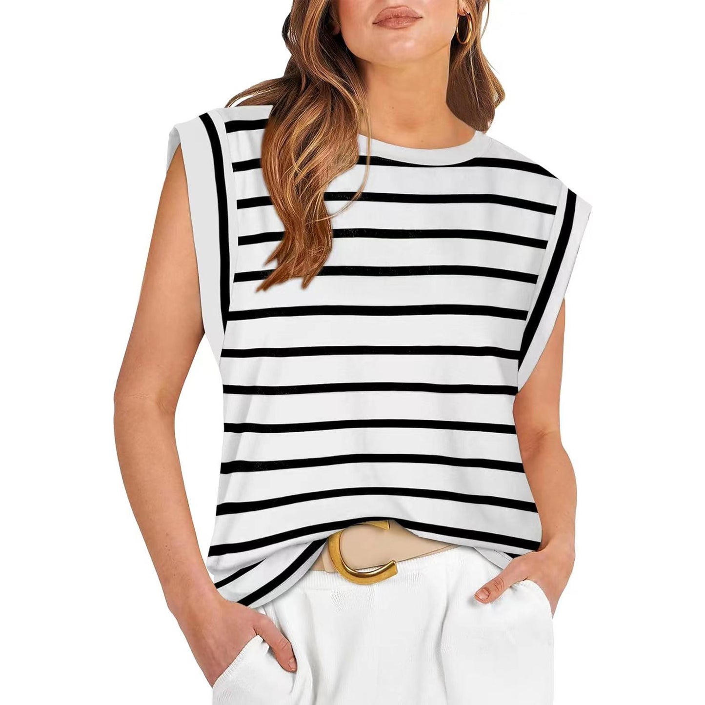 Women's Round Neck Loose Sleeves T-shirt Striped Blouses
