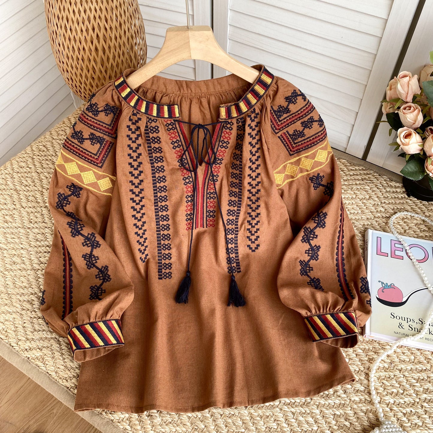 Women's Retro Embroidered Shirt Bohemian Vacation Style Tops