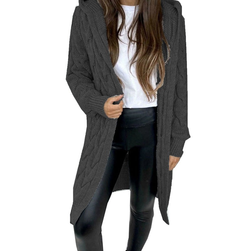 Mid-length Solid Color Twist Hooded Knit Women's Sweater