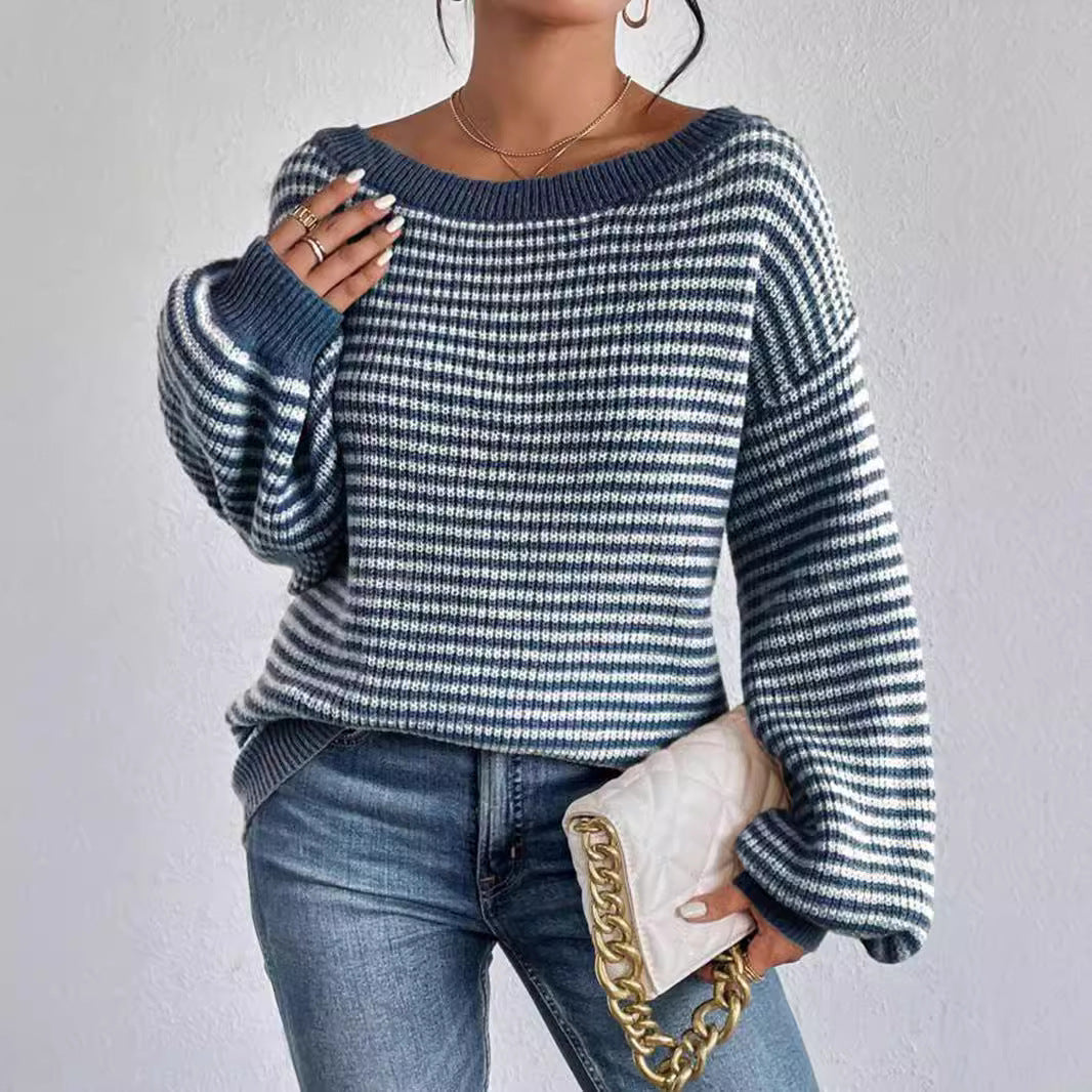 Women's Loose Contrast Color Striped Lantern Sleeve Sweater