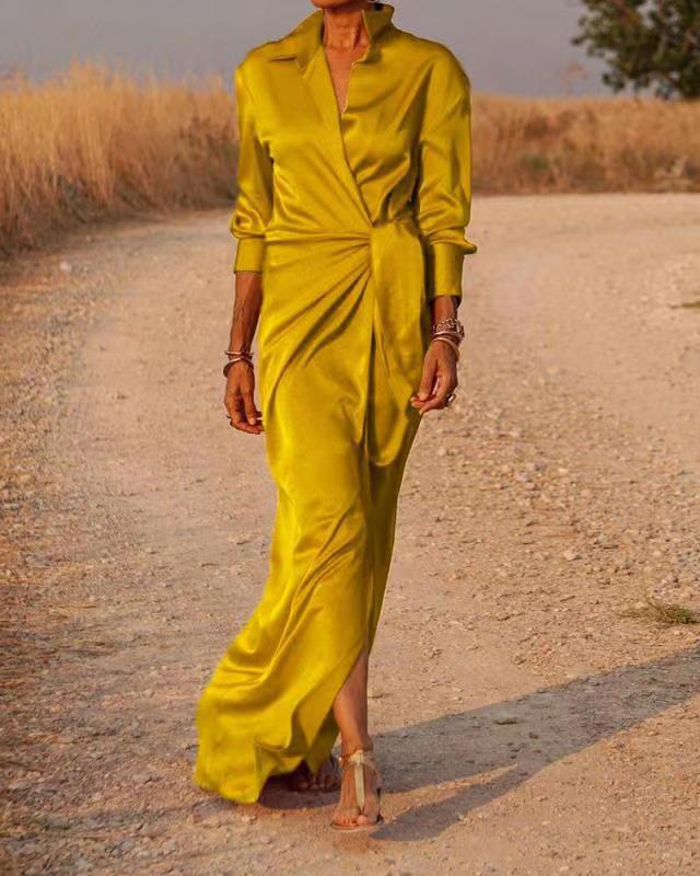 Women's Lace Up High Waist Slit Mop Long Sleeve Dress