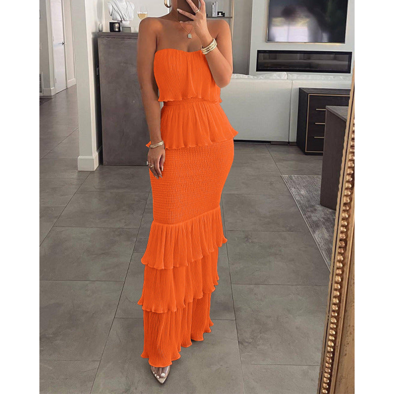 Women's Tube Smocking Pleated Ruffled Long Dress Blouses