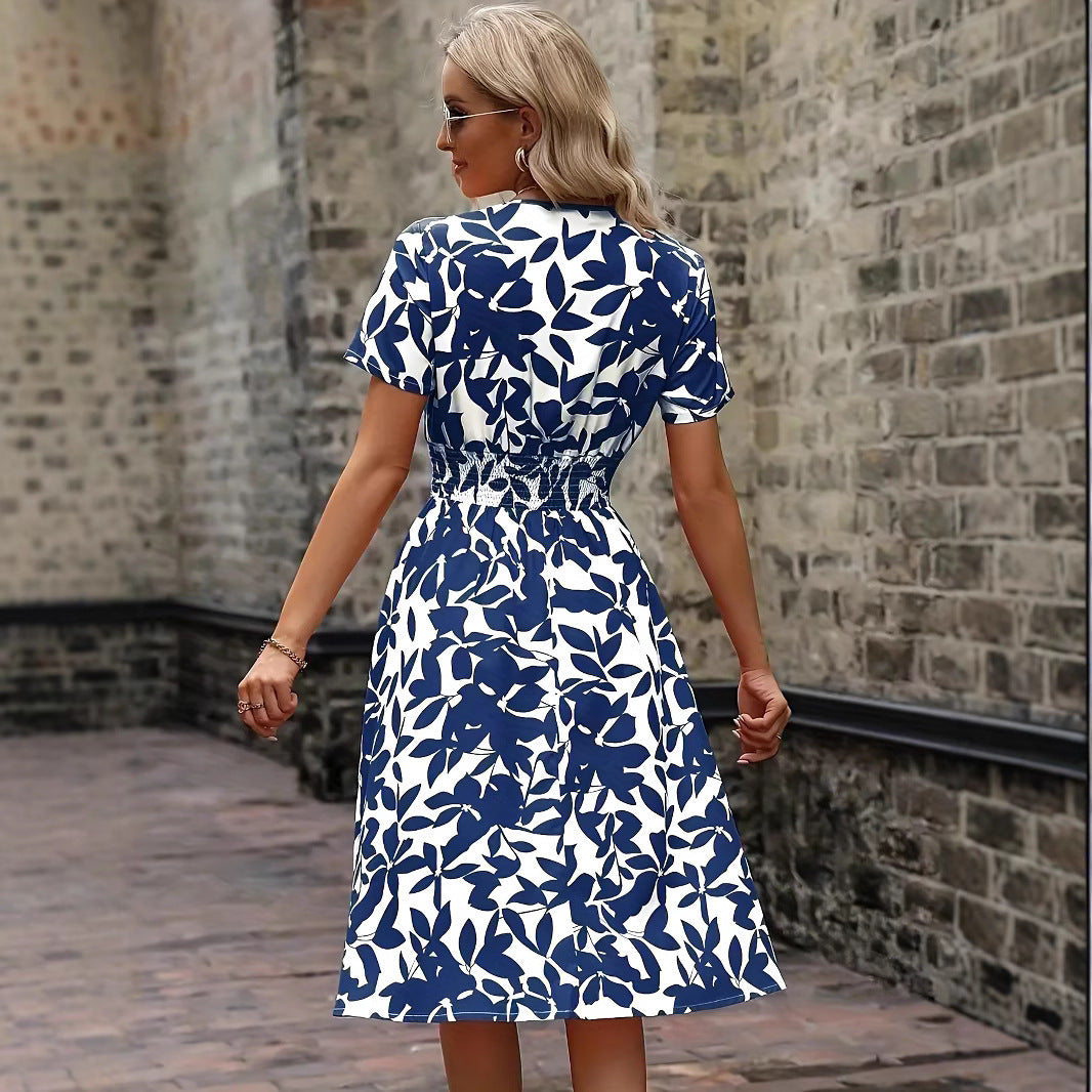 Sleeve Leaf Floral Print Swing Waist Shorts