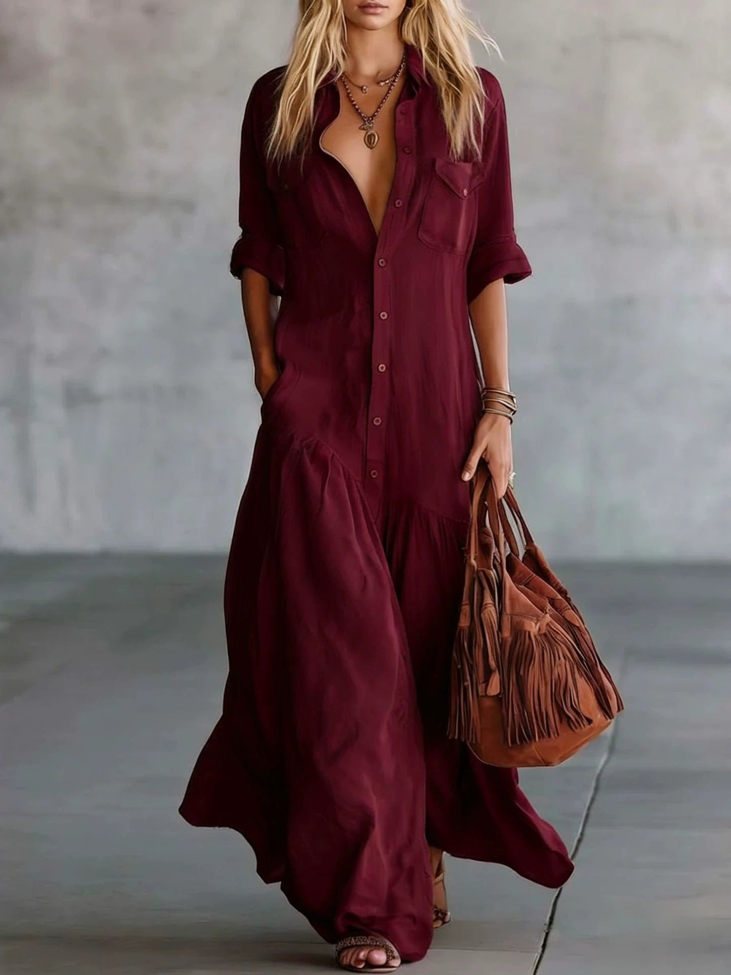 Women's Breasted Sleeve Casual Vacation Style Solid Color Dress