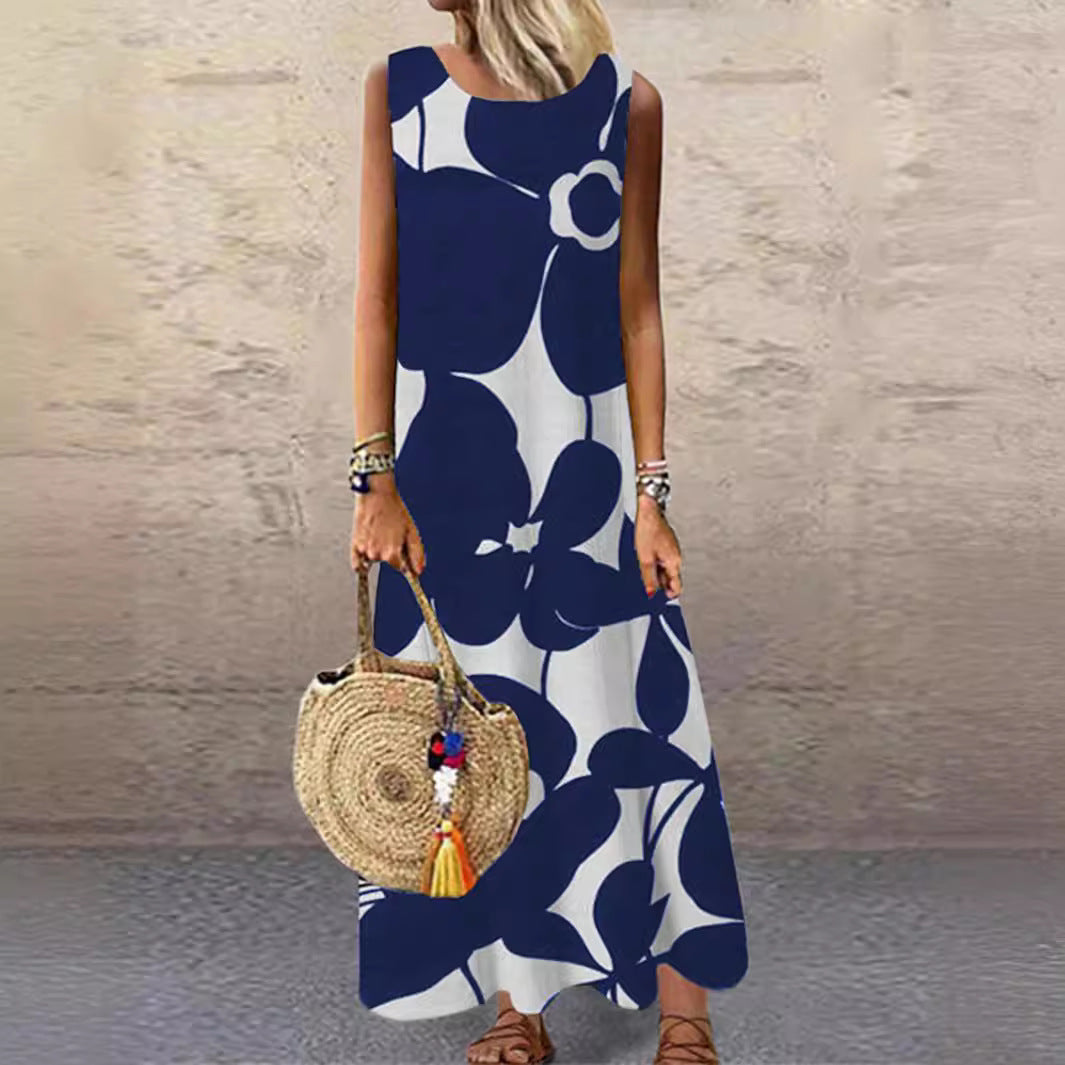 Women's Printed Round Neck Mid-length Sleeveless Dress Dresses