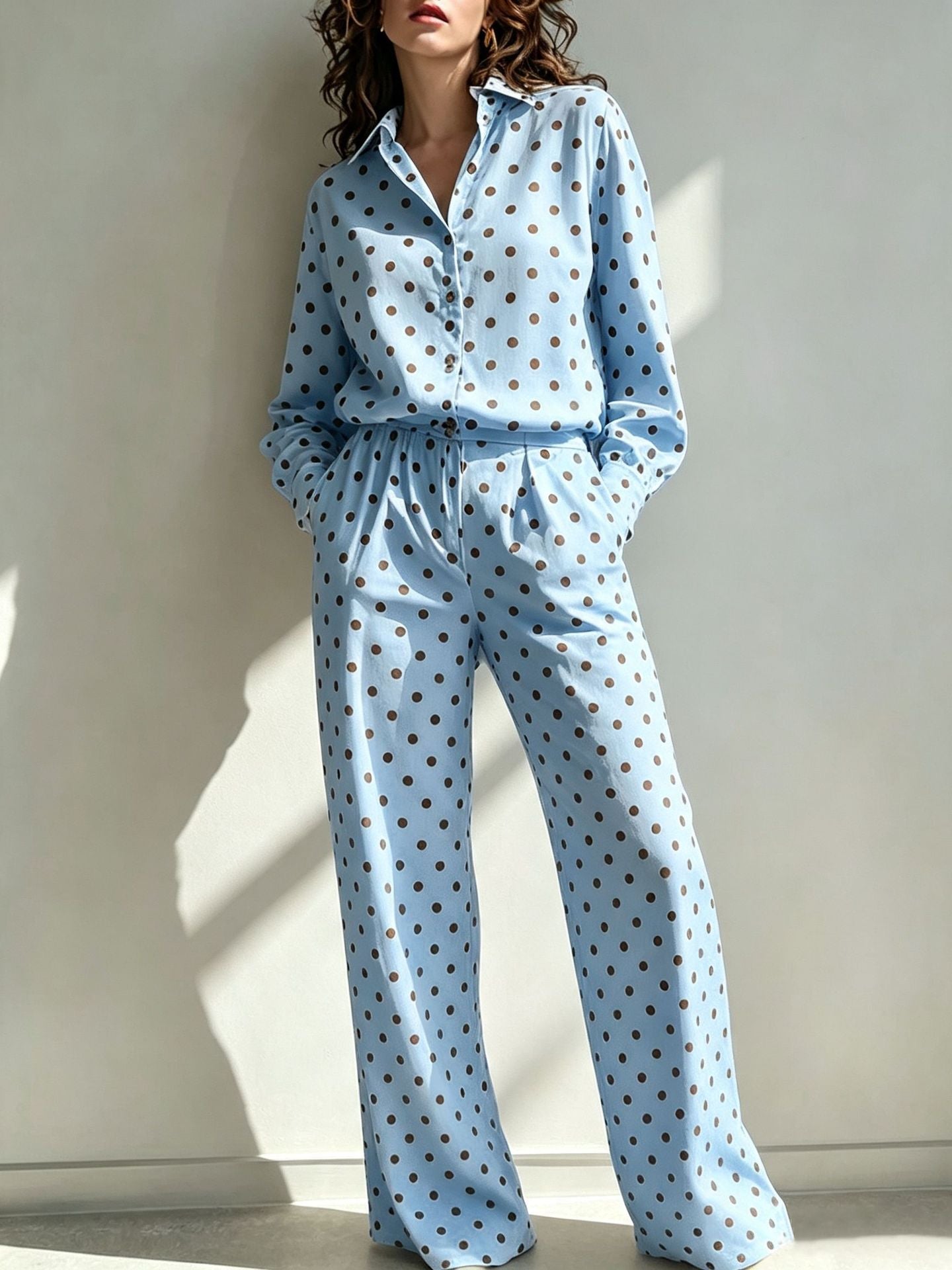 Sleeve Lapel Shirt Elastic Waist Wide Leg Two-piece Set Light Pants