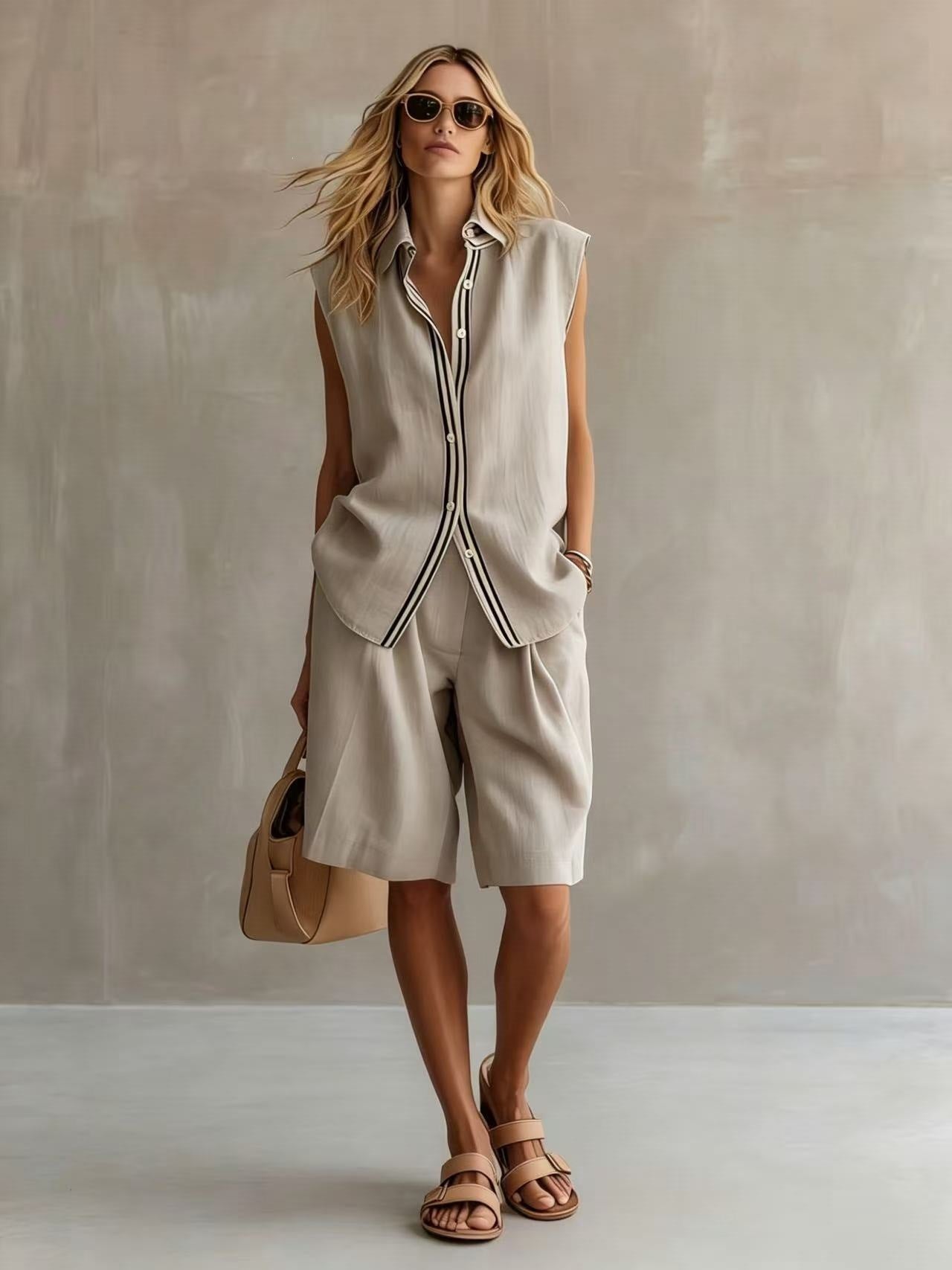 Women's Summer Wear Single-breasted Sleeveless Linen Bushing Fashion Casual Suit