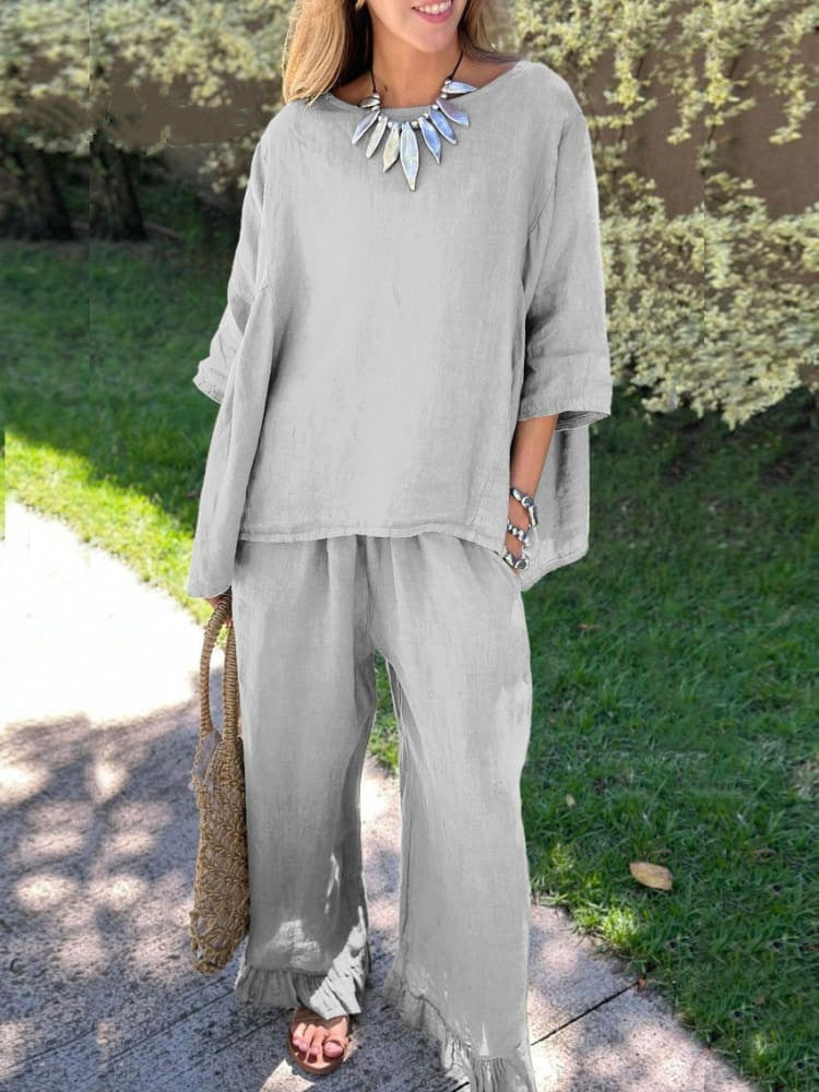 Women's Cotton Linen Solid Color Loose Trousers Fashion Casual Suit