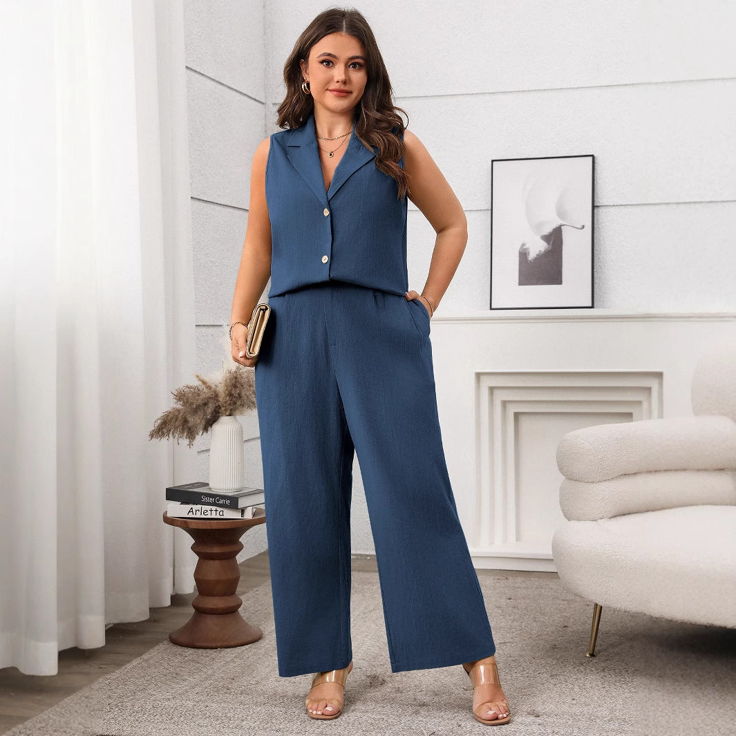 Women's Summer Green Sleeveless Wide Leg Casual Suits