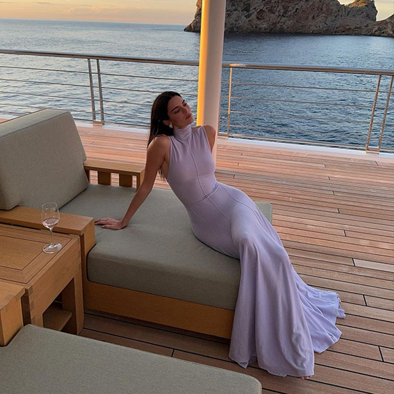 Women's Summer Sexy Reverse Car Half Turtleneck Backless Slimming Dresses