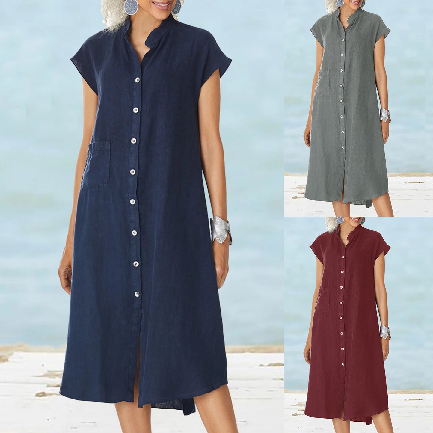 Women's Single-breasted Cotton Small Stand Collar Pocket Dress