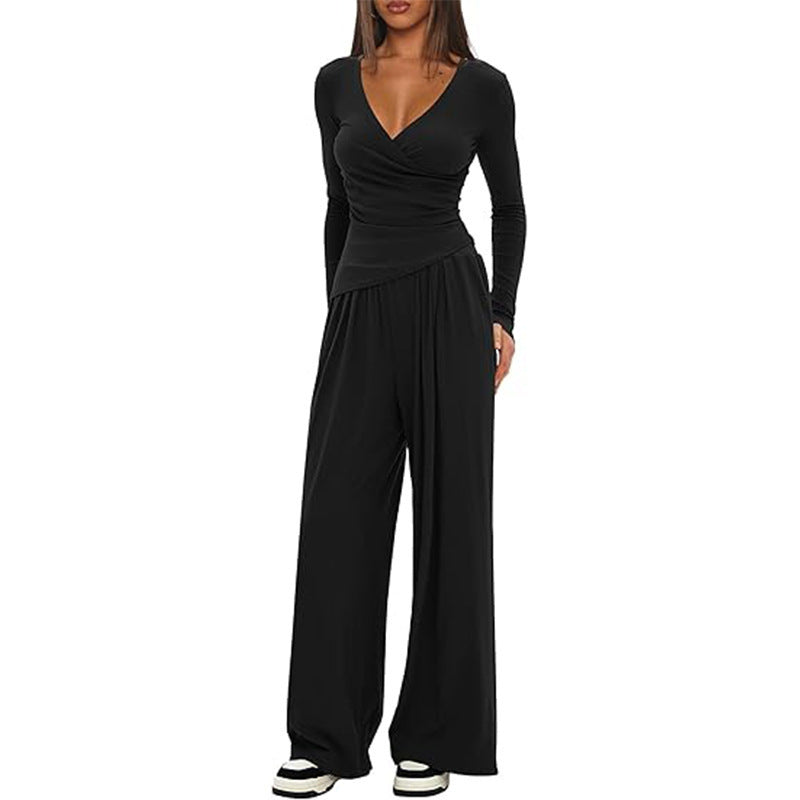 Solid Color Warp Knitted Long-sleeved Matching Fashion Casual Suit