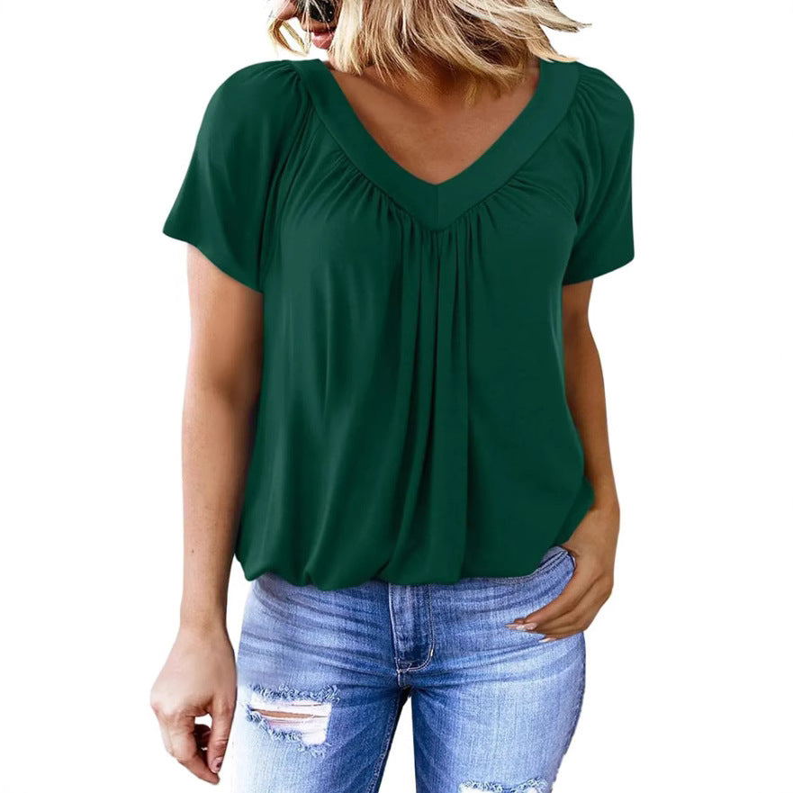 Women's Casual Pleated Solid Color Short-sleeved T-shirt Blouses