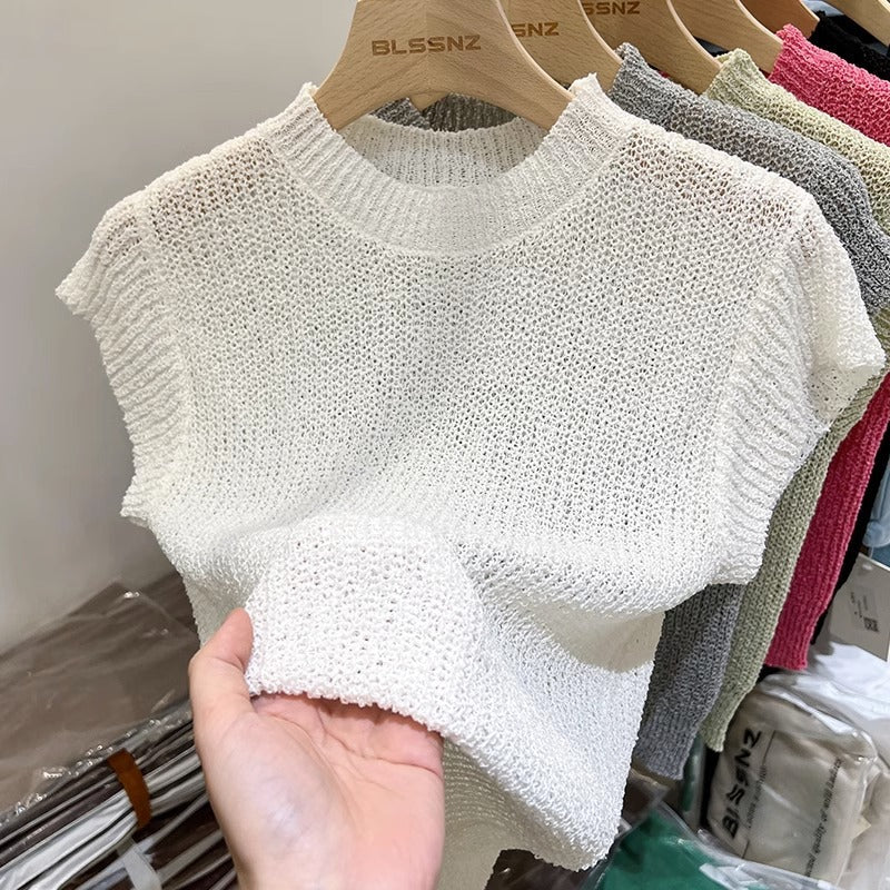 Women's European Goods Short-sleeved Summer Silk Ice Design Sleeveless Solid Women's Sweater