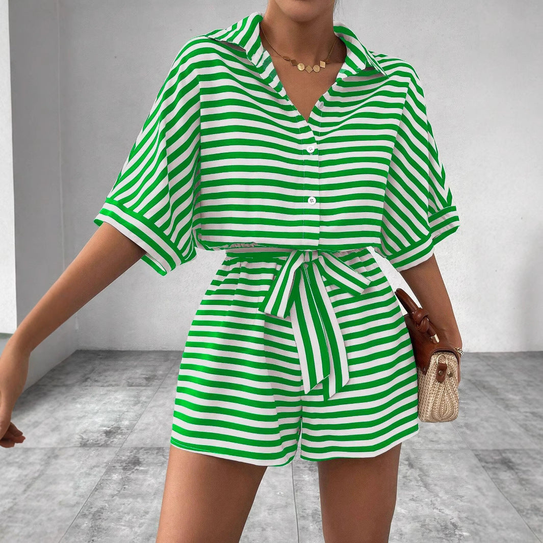 Women's Striped Lapel Button Half Sleeve Belt Jumpsuits