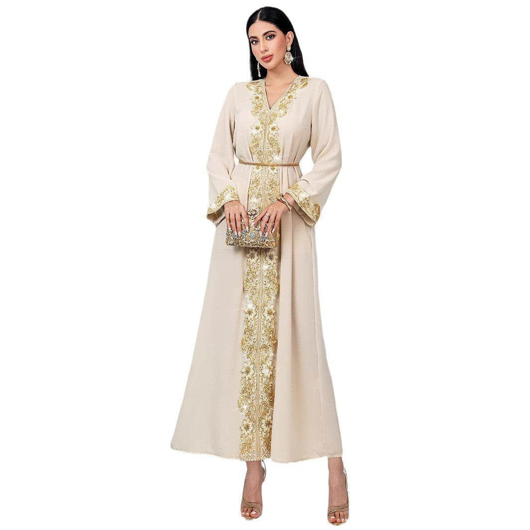 Beige A- Line Fashionable Golden Lace Dresses