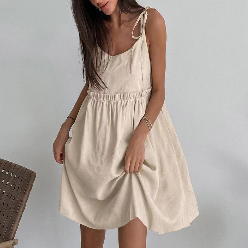 Solid Color Texture Slip Pleating Loose Leisure Dress