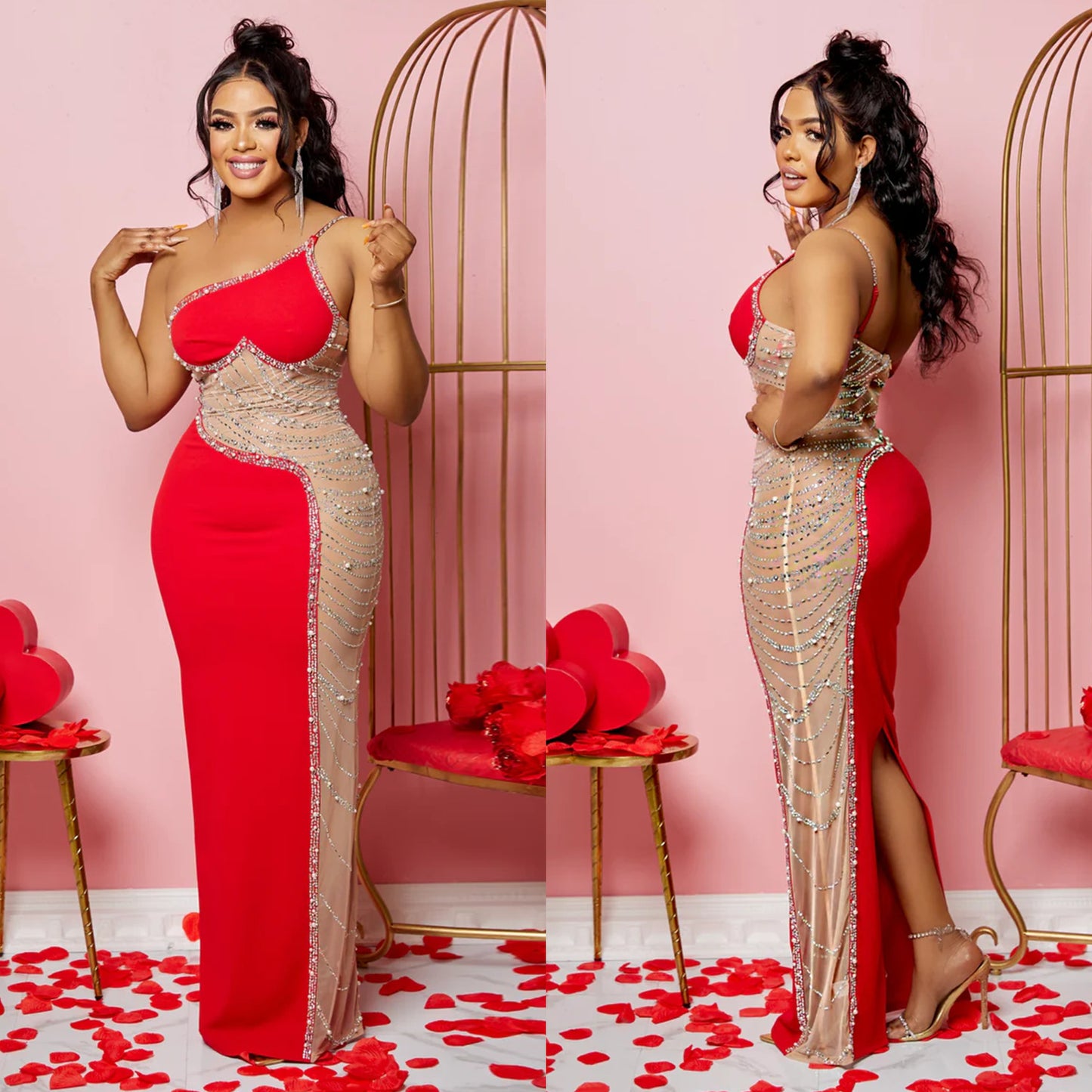 Women's Summer Sexy Mesh Rhinestone Strap Length Dresses